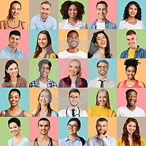 Group of different smiling multi ethnic people posing over colored backgrounds