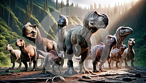 Group with different species of carnivorous dinosaurs. Generative Ai photo
