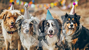 group of different types of dogs celebrating birthday and partying