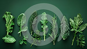 A group of different types of green vegetables on a dark background, AI