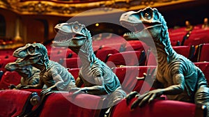 A group of dinosaurs sitting in a movie theater