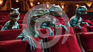 A group of dinosaurs sitting in a movie theater