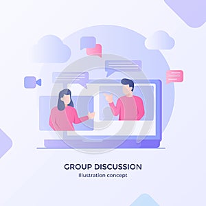 Group discussion speaking talking chatting sharing solution online course internet network modern flat cartoon style