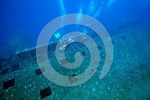 Group of divers explore shipwreck.