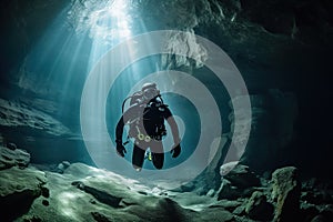 A group of divers exploring an underwater cave system. The water should be dark and murky, with beams of light shining through