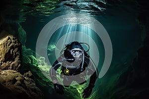 A group of divers exploring an underwater cave system. The water should be dark and murky, with beams of light shining through