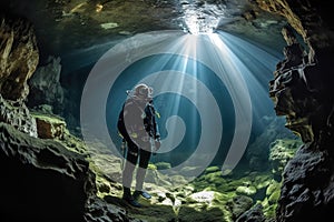 A group of divers exploring an underwater cave system. The water should be dark and murky, with beams of light shining through