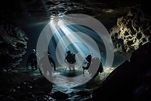 A group of divers exploring an underwater cave system. The water should be dark and murky, with beams of light shining through