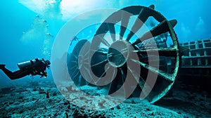 A group of divers swimming near a large turbinelike structure underwater. The caption explains that the structure is a photo