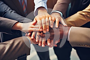 Group of diverse business professionals joining hands together in unity.