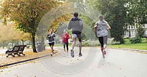 Group of diverse businesspeople jogging through the park. Back of two fit friends running through the park in slow
