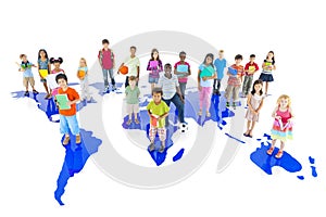 Group of Diverse Children with World Map