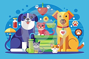 A group of diverse dogs and cats are sitting, showcasing harmony between different animal species, Pet care Customizable Flat