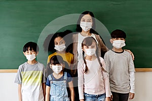 Group of diverse elementary students in classroom alongside with young adult Asian teacher. Primary school multi-racial