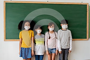 Group of diverse elementary students in classroom. Primary school pupils standing in a row wearing a face mask with