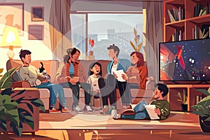 Group of diverse family members sitting together in a cozy living room, watching TV, A cozy living room filled with family members
