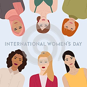 Group of diverse female characters stand together. International Women s Day, 8 March. Woman empowerment, girl power, feminism,
