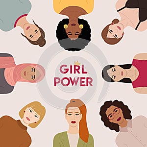 Group of diverse female characters stand together. International Women s Day, 8 March. Woman empowerment, girl power, feminism,