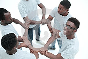 Group of diverse guys standing in a circle . isolated on white