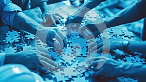 A group of diverse hands assembling a puzzle, each piece representing a different skill or perspective AIG535