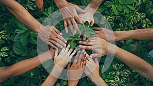 A group of diverse hands come together to nurture a small plant, symbolizing unity and hope for the future of our planet photo