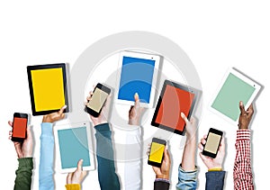 Group of Diverse Hands Holding Digital Devices photo