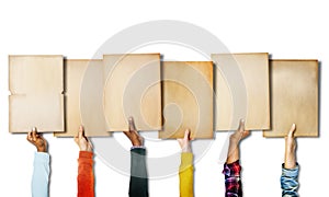 Group of Diverse Hands Holding Old Papers