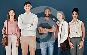 Group of diverse happy businesspeople standing in a row in an office together. Five expert business professionals