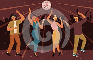 Group of diverse happy people dancing at nightclub scene