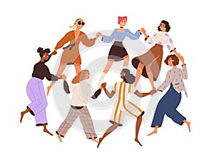 Group of diverse happy women dancing in circle, holding hands together. Concept of feminist community, sisterhood and