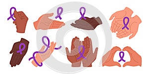 Group of diverse human arms holding awareness purple ribbons