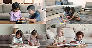 Group of diverse kids enjoy hobby and playtime at home