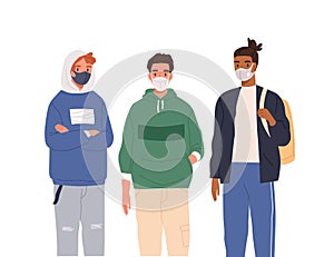 Group of diverse modern teenagers wearing protective masks vector flat illustration. Casual teen guys in respirators