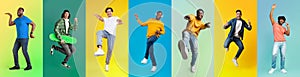 Group Of Diverse Multiethnic Males Having Fun On Colorful Backgrounds
