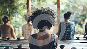 A group of diverse participants in a calming tea ritual sit with backs to the camera presence adding to the beautiful .