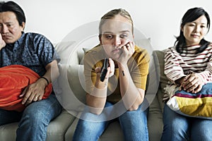 Group of diverse people with bored face expression