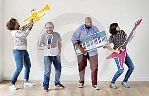 Group of diverse people enjoying music instruments