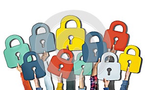 Group of Diverse People's Hands Holding Padlocks