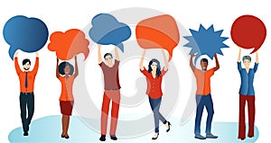 Group of diverse people with speech bubble. Social network. Communication and sharing. Crowd talking. Share ideas. Multi-ethnic