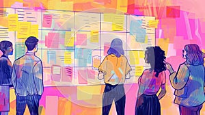 A group of diverse people stand in front of a colorful wall of sticky notes They are looking at the notes and discussing