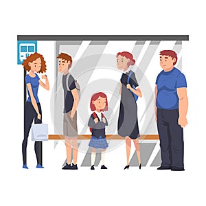 Group of Diverse People Waiting for Bus at Bus Stop, Passengers Spending Time in Expectation Cartoon Vector Illustration