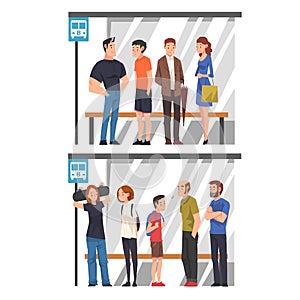 Group of Diverse People Waiting for Public Transport at Bus Stop Set, Passengers Spending Time in Expectation Cartoon