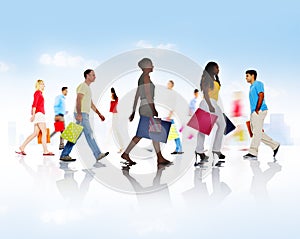 Group of Diverse People Walking with Shopping Bags