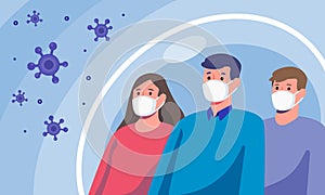 Group of diverse people wearing masks protection from disease and virus, healthcare and hygiene concept, vector illustration flat
