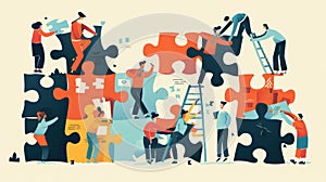 A group of diverse people work together to solve a puzzle The image represents teamwork, collaboration, and problem