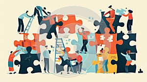 A group of diverse people work together to solve a puzzle The image represents teamwork, collaboration, and problem