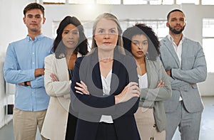 Group of diverse and powerful businesspeople standing together with their arms folded in an office. Confident and mature