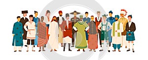 Group of diverse smiling man wearing in folk costumes of various countries vector flat illustration. Happy multinational