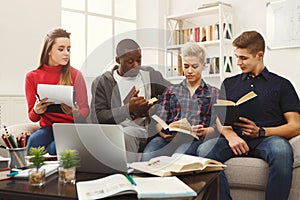 Group of diverse students studying at home atmosphere on the couch