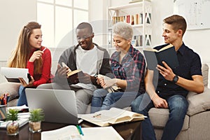 Group of diverse students studying at home atmosphere on the couch